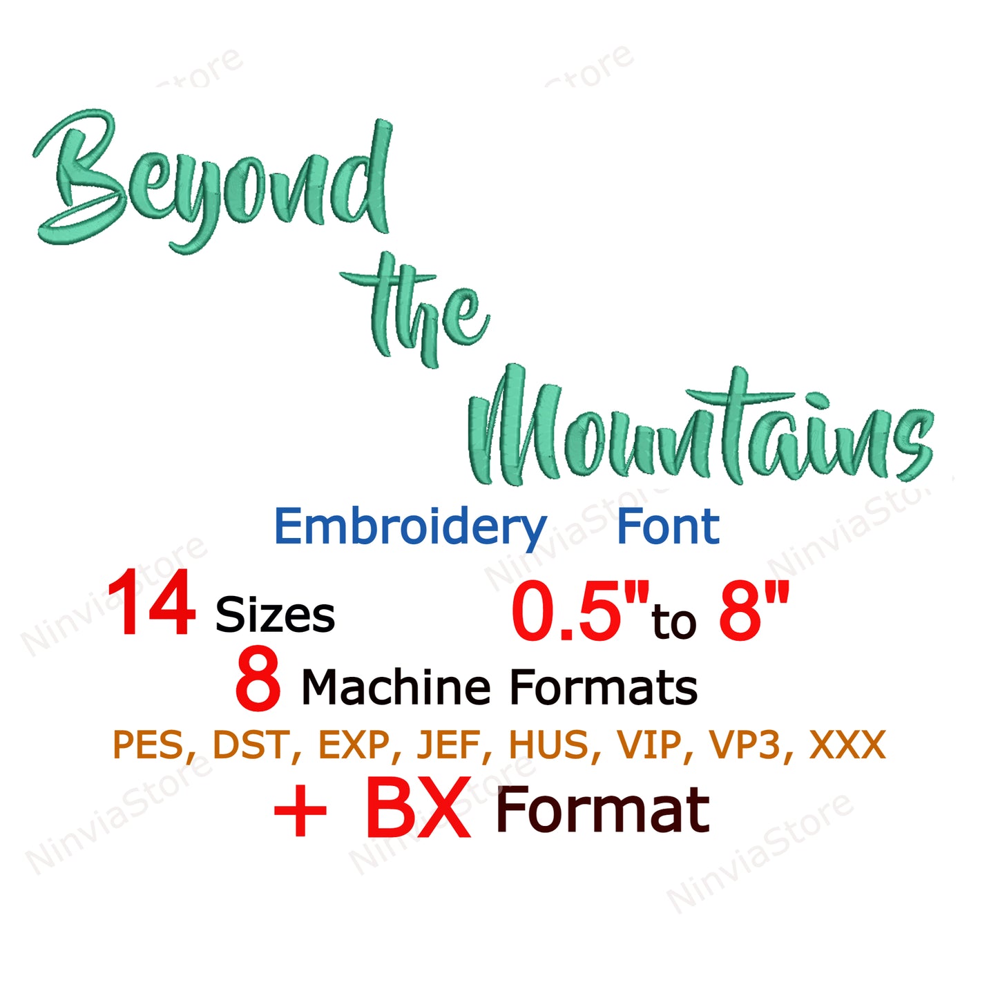 Beyond the Mountains Script Maschinenstickschrift, 14 Größen, 8 Formate, BX-Schriftart, PE-Schriftart, Monogramm-Alphabet-Stickmotive