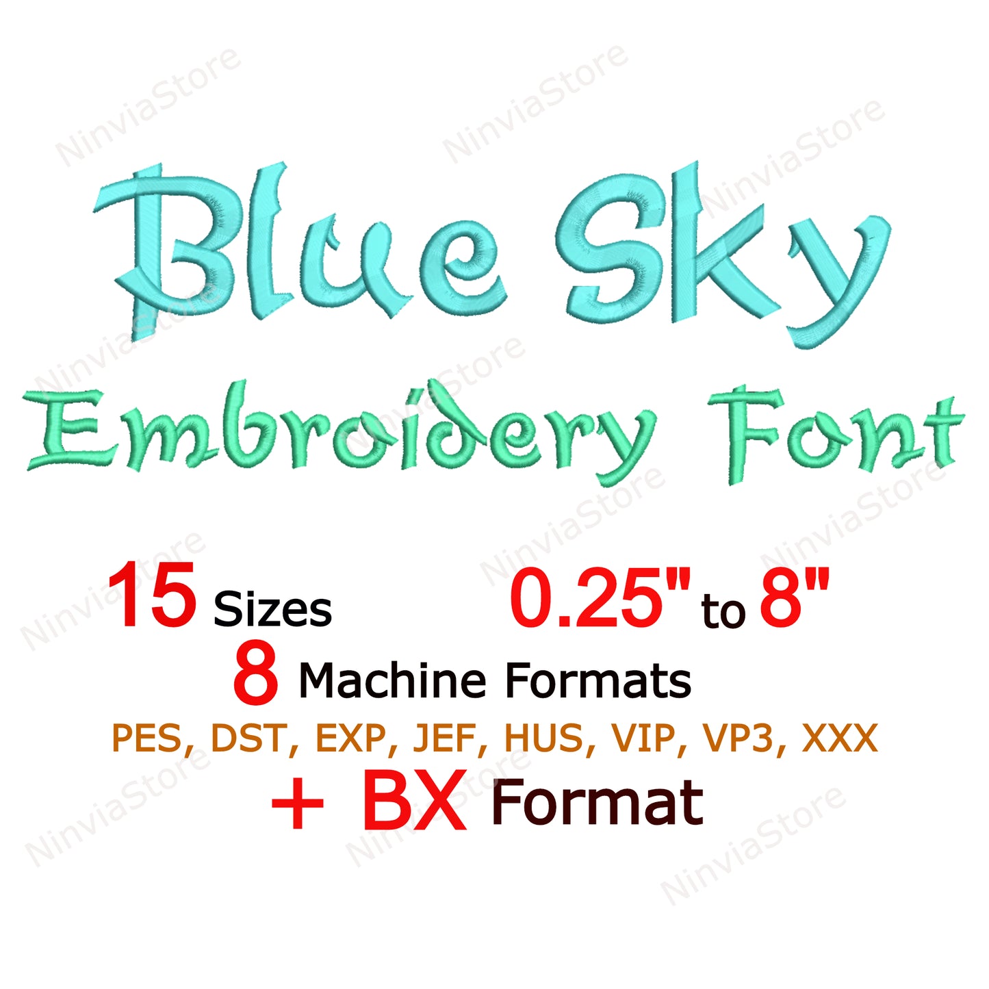 Police de broderie Machine Blue Sky, 15 tailles, 8 formats, police BX, police PE, motifs de broderie Monogram Alphabet