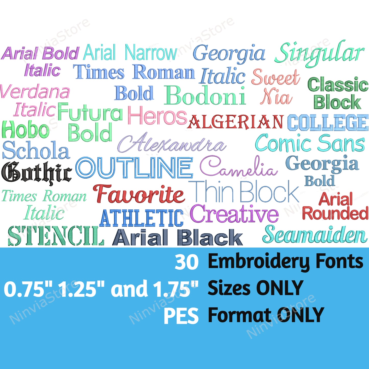 30 PES-Stickschriftarten in den Größen 0,75", 1,25" und 1,75", Maschinenstickschrift PE, Alphabet-Stickdesign, PE-Schriftarten zum Sticken, kleine Schriftarten