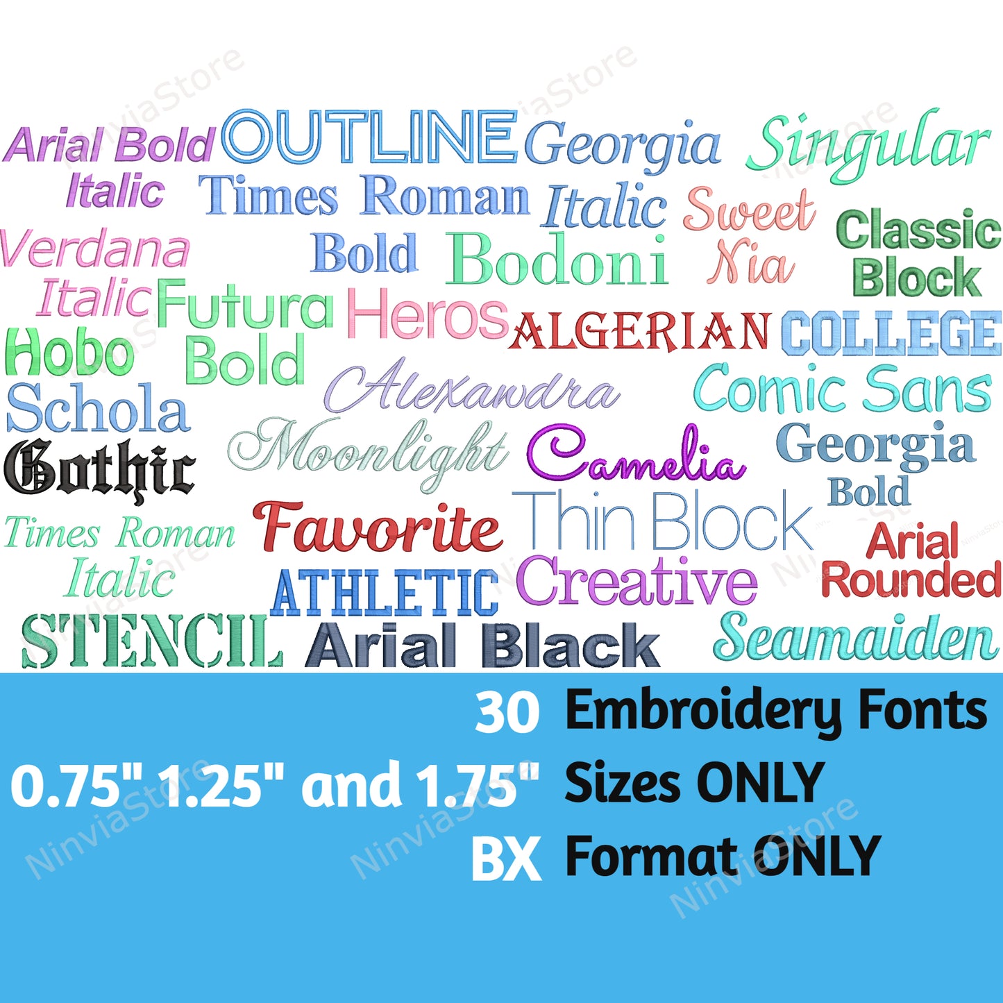 30 polices de broderie BX tailles 0,75", 1,25" et 1,75", police de broderie machine BX, motif de broderie alphabet, polices BX pour broderie, polices de petite taille