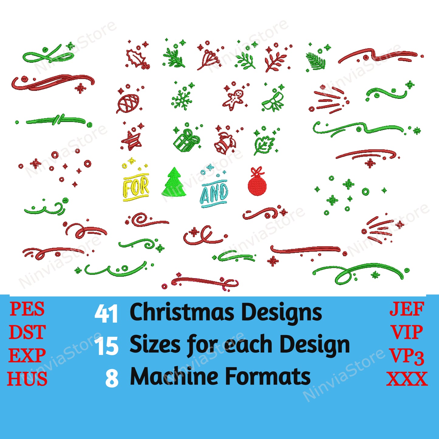 41 Christmas Machine Embroidery Designs, 15 Sizes, 8 formats, Christmas Embroidery Pattern