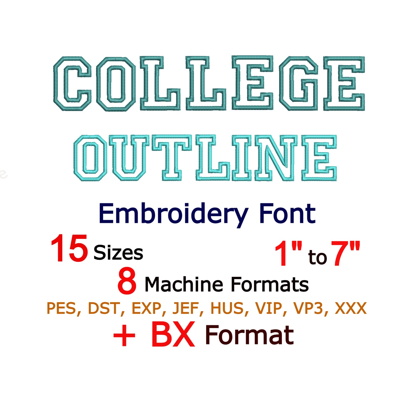 Varsity Outline Maschinenstickschrift, 15 Größen, 8 Formate, BX-Schriftart, PE-Schriftart, Monogramm-Alphabet-Stickmotive