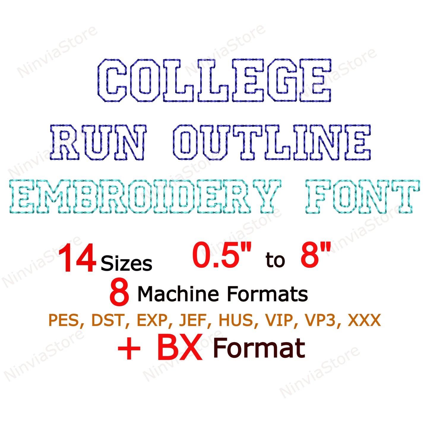 College Outline Bean Stitch Machine Embroidery Font, 14 tailles, 8 formats, Run Stitch Varsity BX Font, police PE, Monogram Alphabet Broderie Designs
