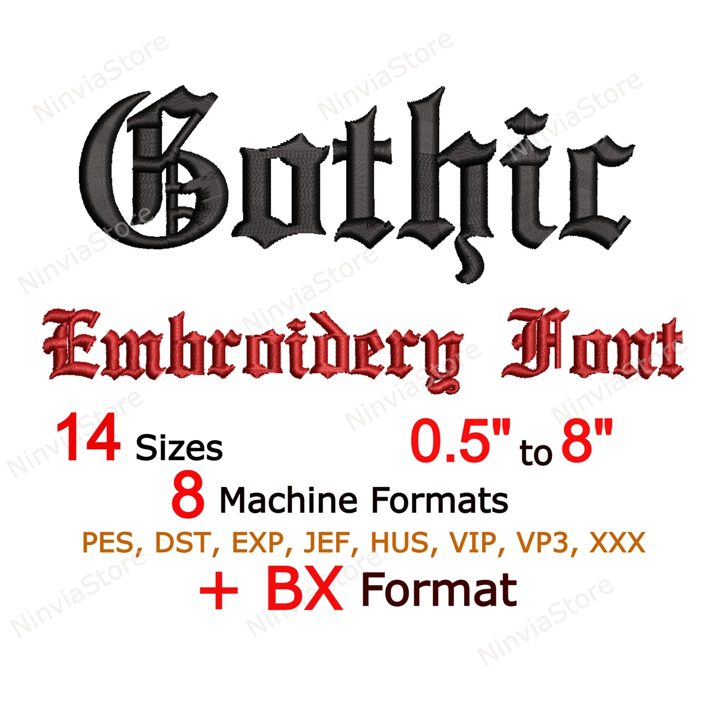 Gotische Maschinenstickschrift, 14 Größen, 8 Formate, alte englische BX-Schriftart, PE-Schriftart, Monogramm-Alphabet-Stickmotive
