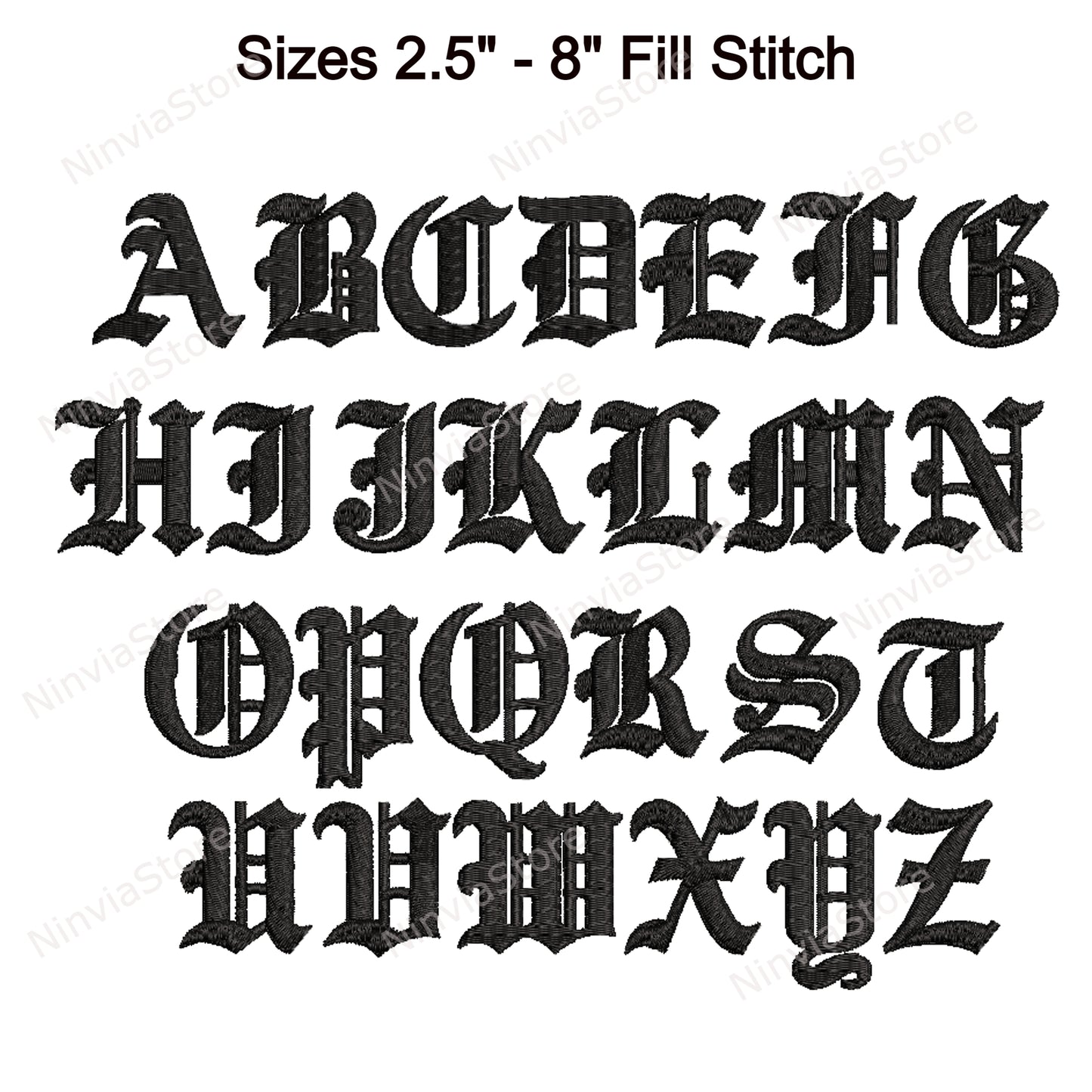 Gotische Maschinenstickschrift, 14 Größen, 8 Formate, alte englische BX-Schriftart, PE-Schriftart, Monogramm-Alphabet-Stickmotive