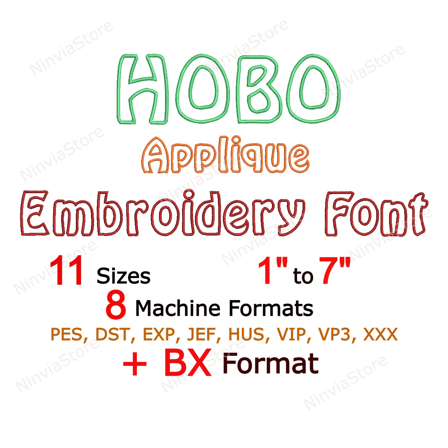 Hobo-Applikations-Maschinenstickschrift, 11 Größen, 8 Formate, BX-Schriftart, PE-Schriftart, Monogramm-Alphabet-Stickmotive