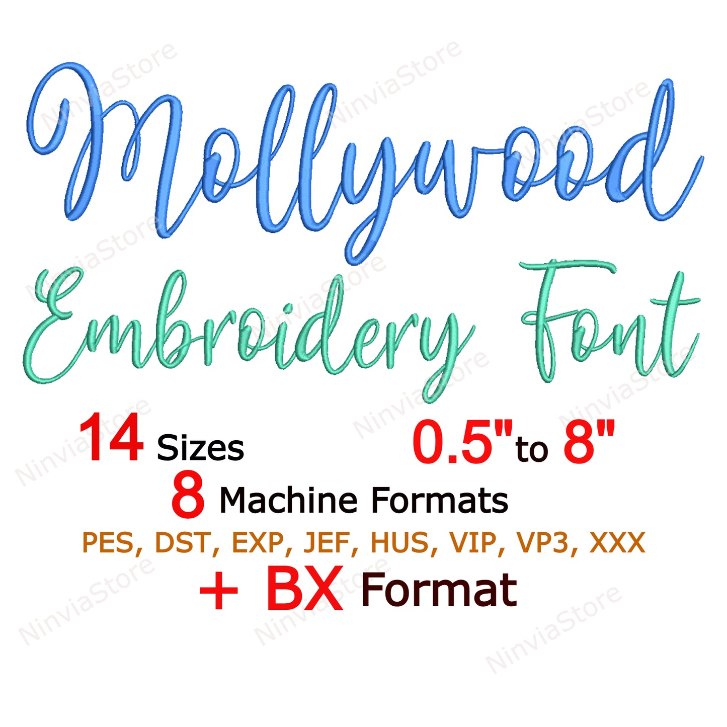 Police de broderie Mollywood Script Machine, 14 tailles, 8 formats, police BX, police PE, motifs de broderie Monogram Alphabet