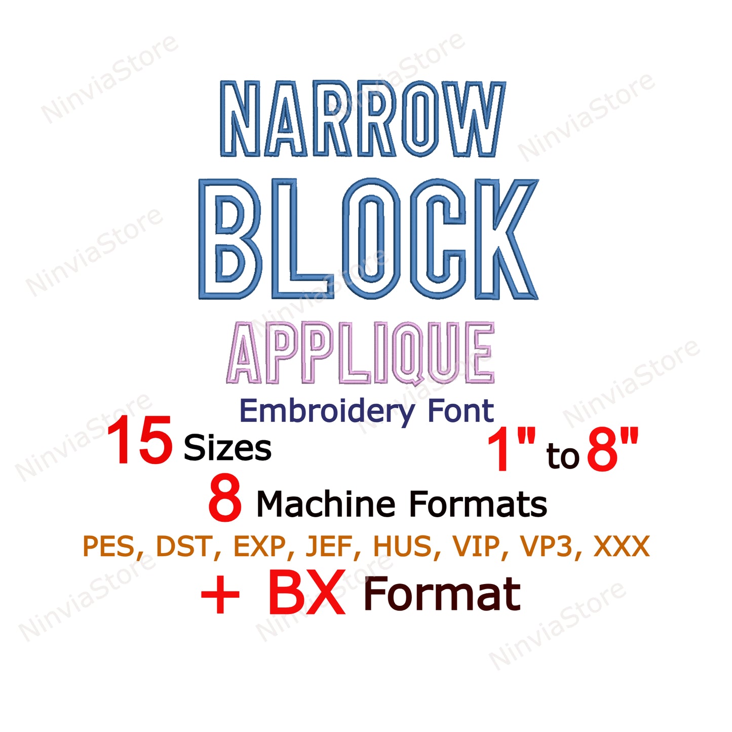 Narrow Block Applique Machine Embroidery Font, 15 sizes, 8 formats, BX Font, PE font, Monogram Alphabet Embroidery Designs