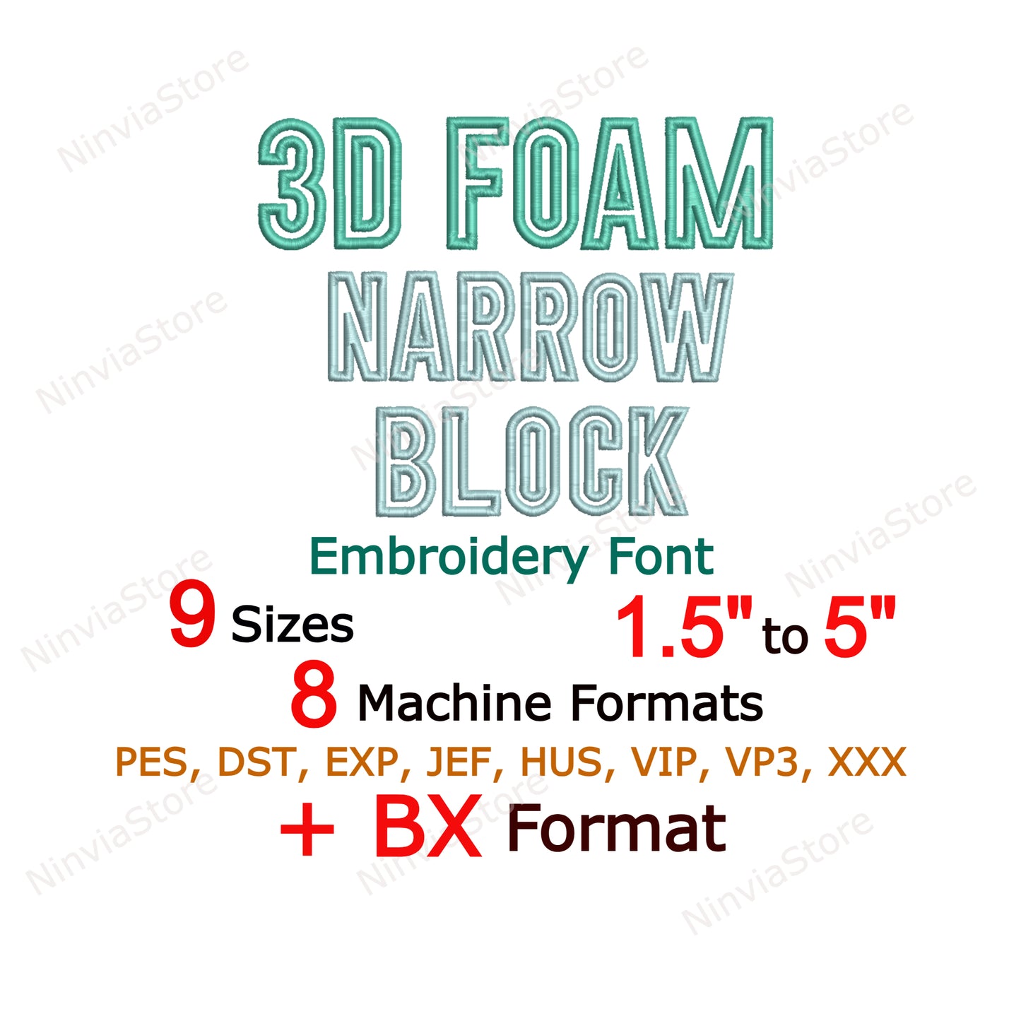 3D Foam Outline Narrow Block Embroidery Font, 3D Puff Foam Block BX Font, Monogram Alphabet Machine Embroidery Design