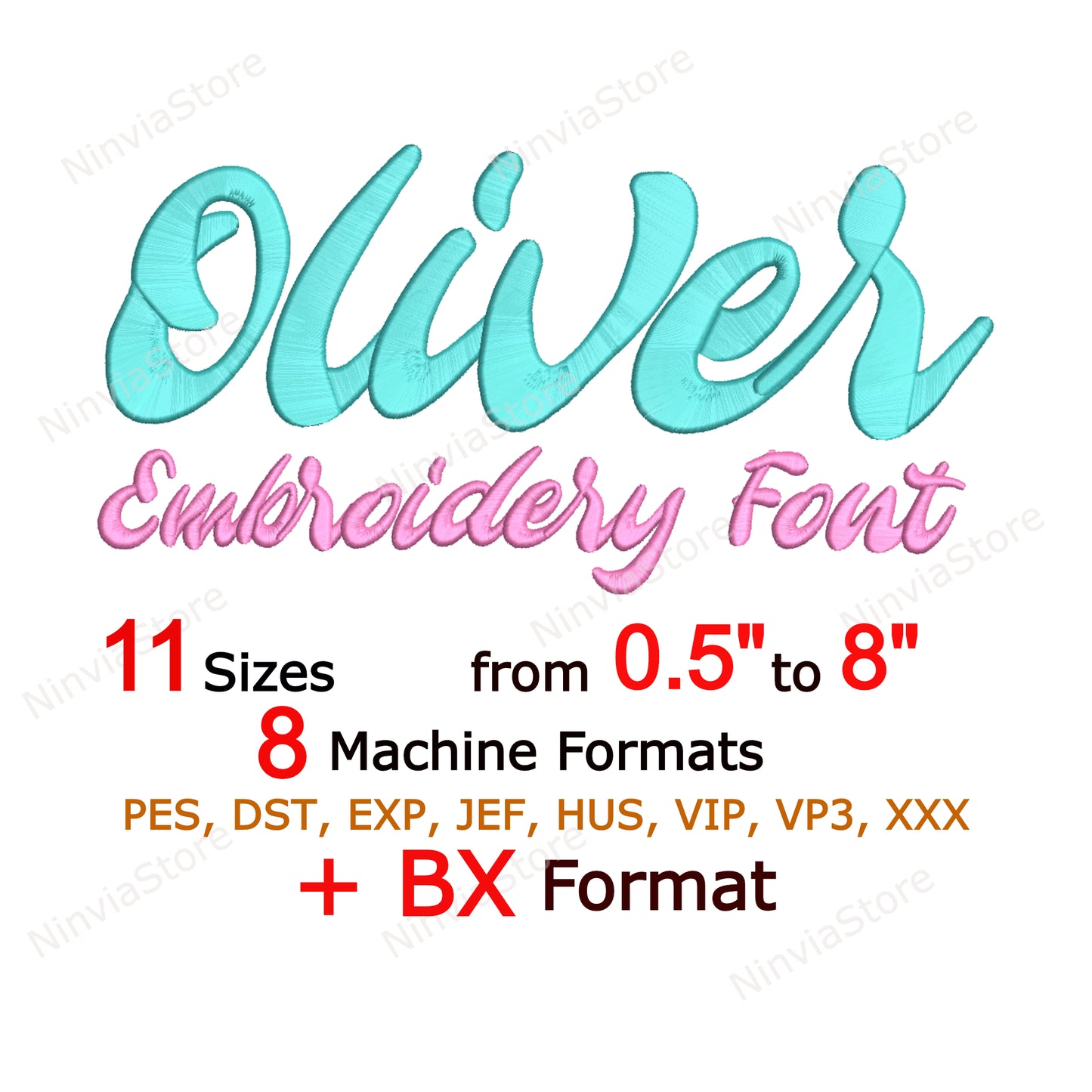 Oliver Script Maschinenstickschrift, 11 Größen, 8 Formate, BX-Schriftart, PE-Schriftart, Monogramm-Alphabet-Stickmotive