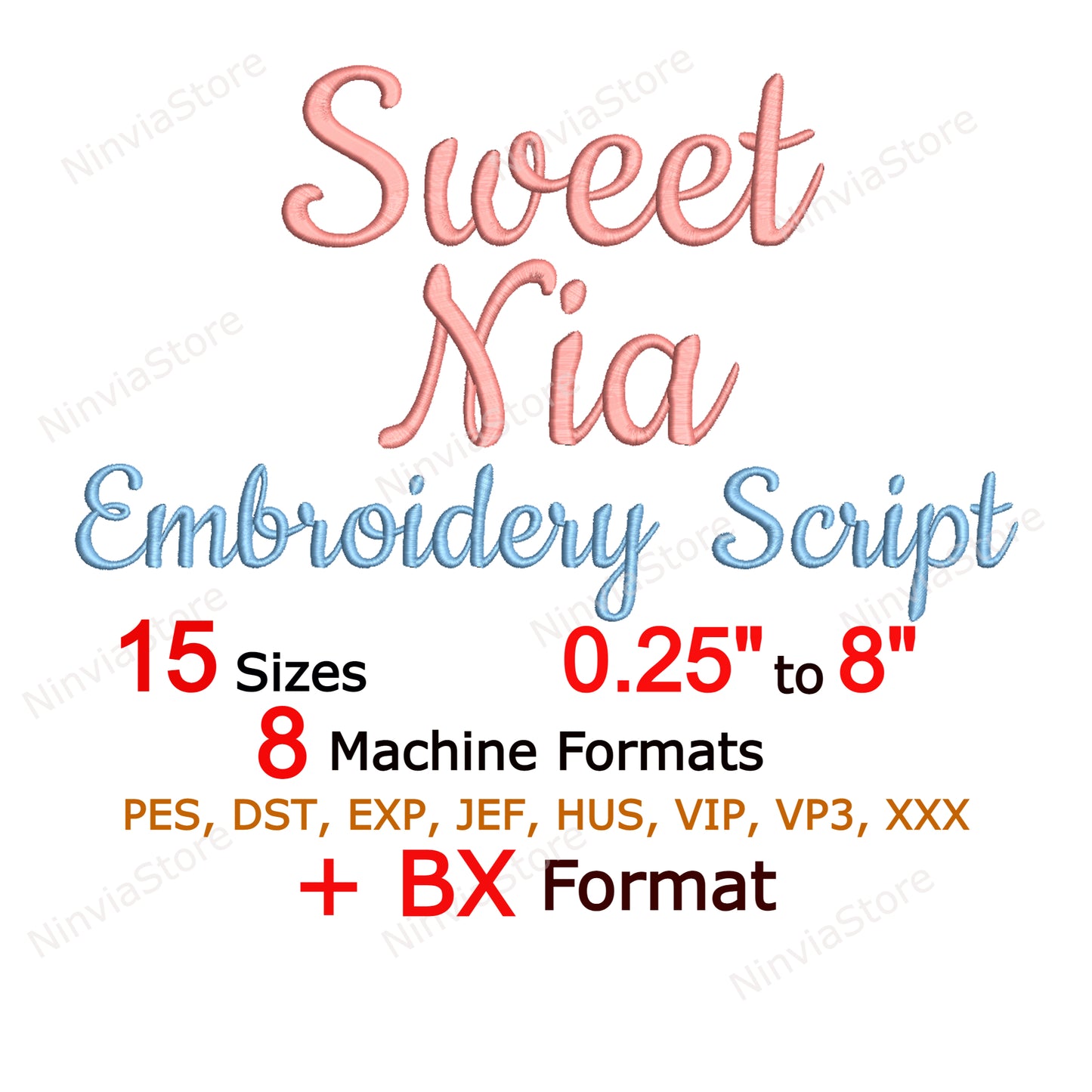 Sweet Nia Script Maschinenstickschrift, 15 Größen, 8 Formate, BX-Schriftart, PE-Schriftart, Monogramm-Alphabet-Stickmotive