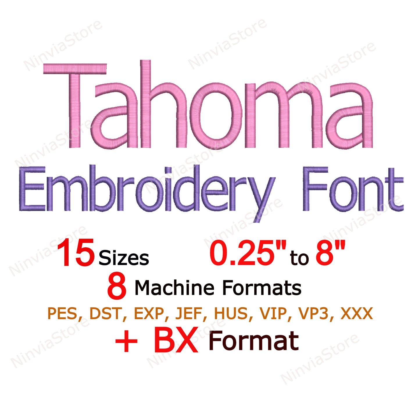 Tahoma Maschinenstickschrift, 15 Größen, 8 Formate, BX-Schriftart, PE-Schriftart, Monogramm-Alphabet-Stickmotive
