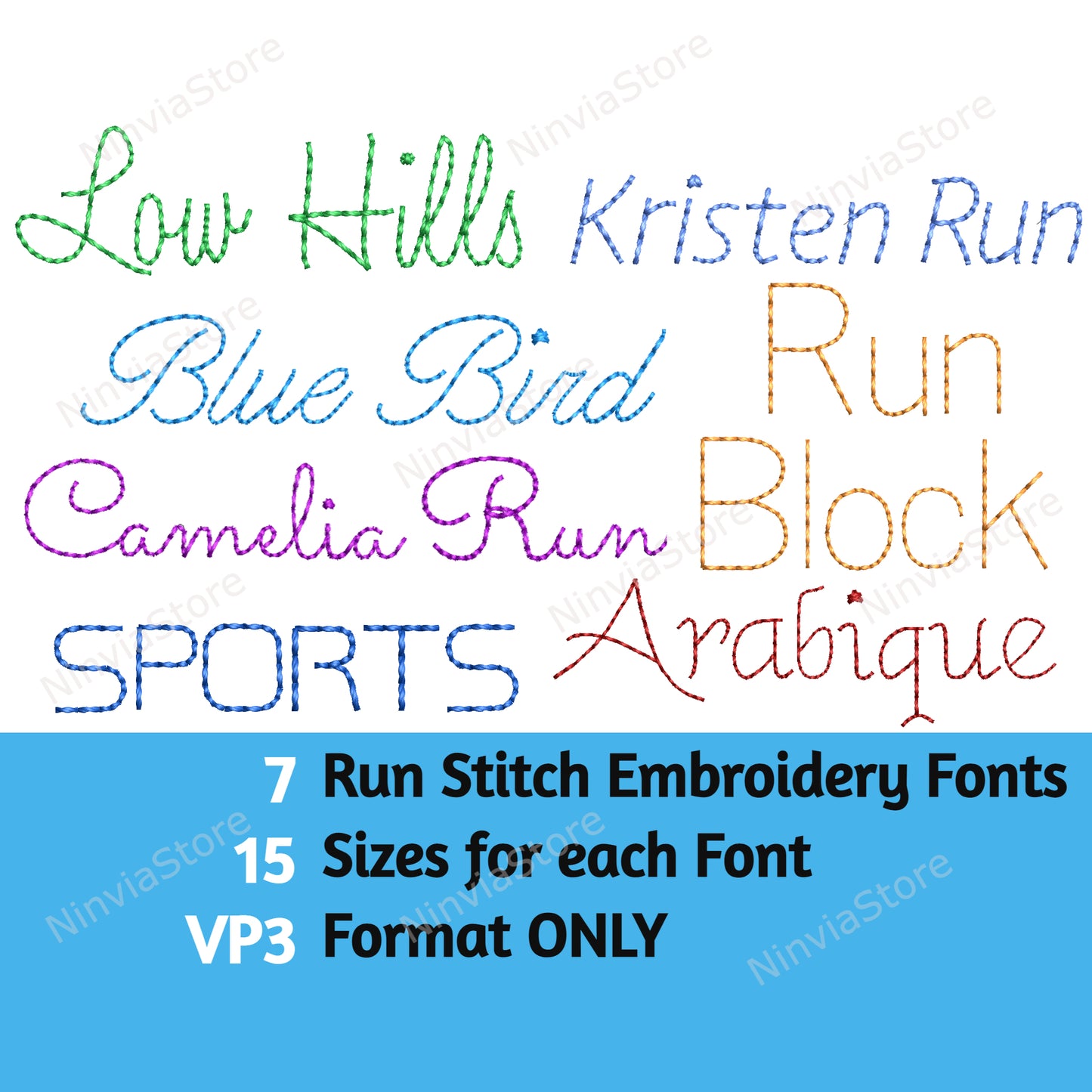 7 VP3 Bean Stitch Embroidery Fonts Bundle, Run Stitch Machine Embroidery Font VP3, Script Cursive VP3 font for Embroidery