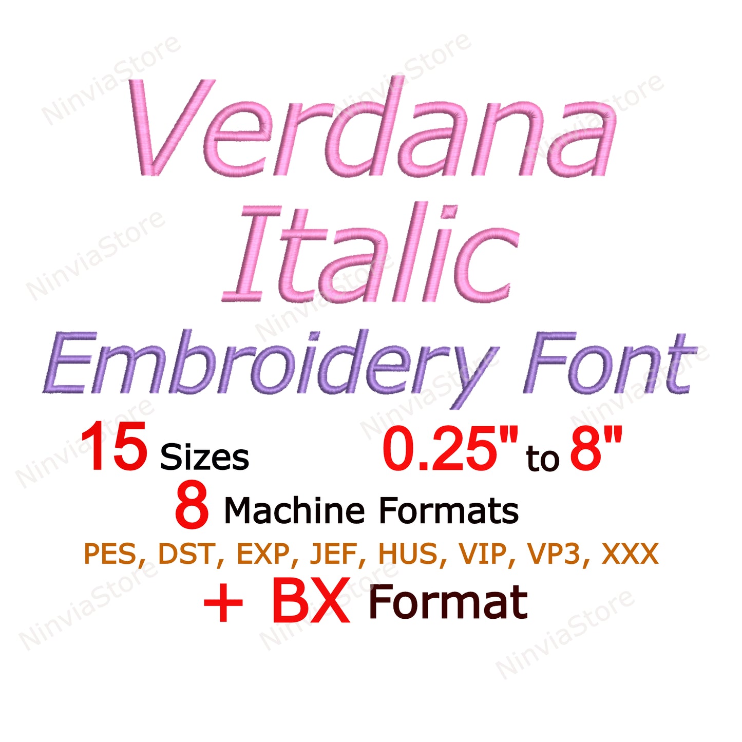 Verdana Italic Maschinenstickschrift, 15 Größen, 8 Formate, BX-Schriftart, PE-Schriftart, Monogramm-Alphabet-Stickmotive