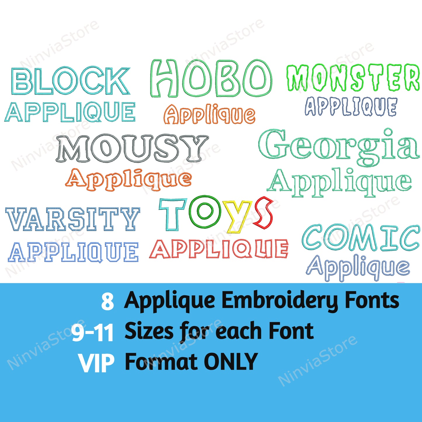 8 VIP Applique Embroidery Fonts Bundle, Machine Embroidery Font VIP, Applique Monogram Font, VIP font for Embroidery