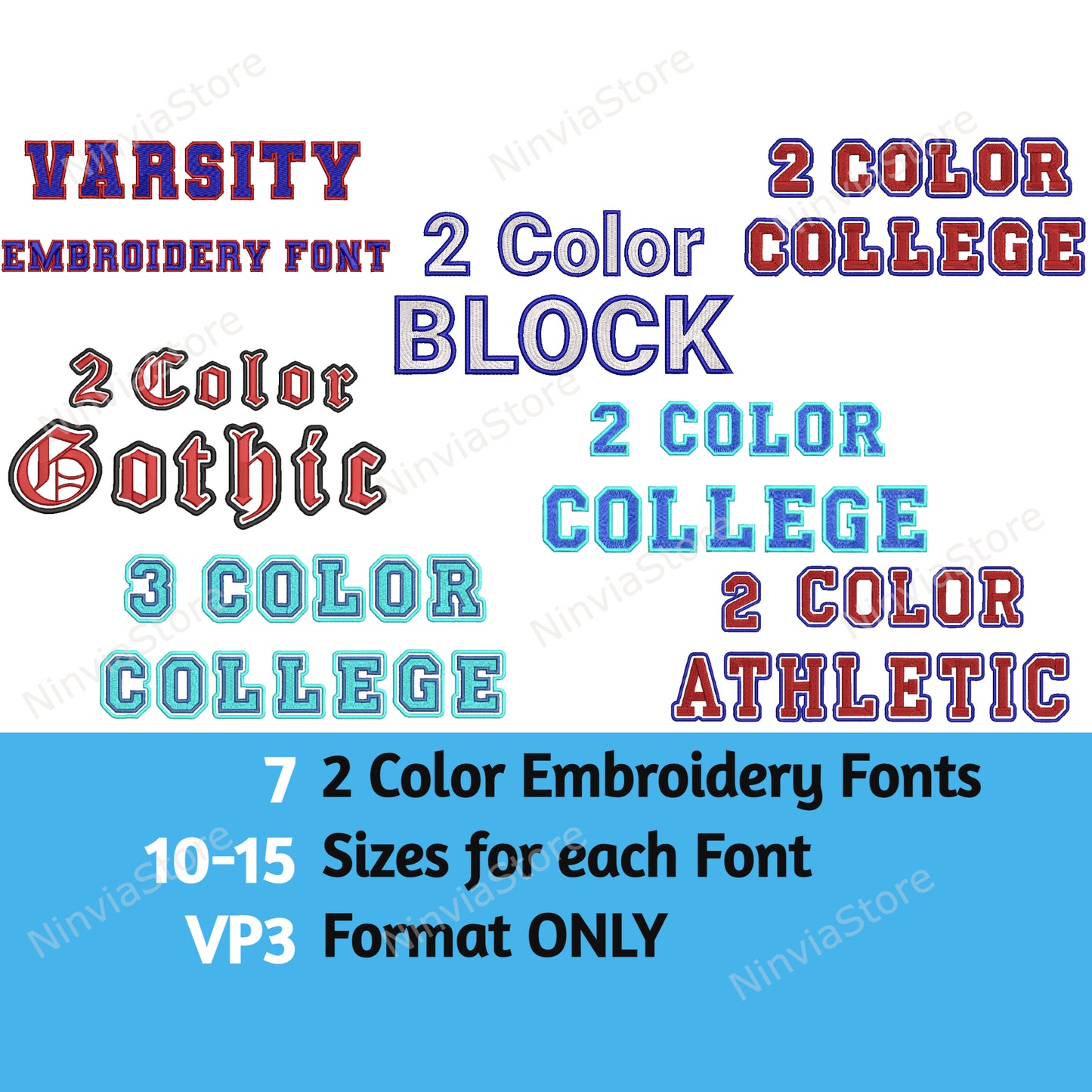 7 VP3 Two-Color Embroidery Fonts Bundle, Machine Embroidery Font VP3, 2 Color Monogram Font