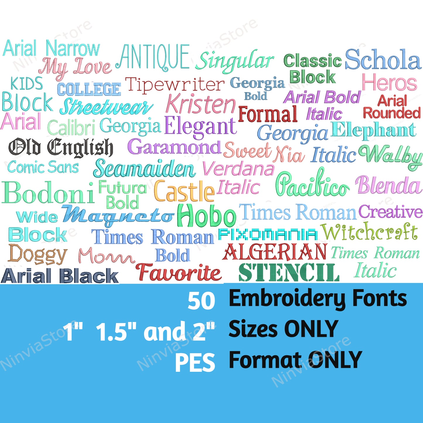50 PES-Stickschriftarten 1", 1,5" und 2" Größe, Maschinenstickschrift PE, Alphabet-Stickdesign, PE-Schriftart für Stickerei, kleine Schriftart