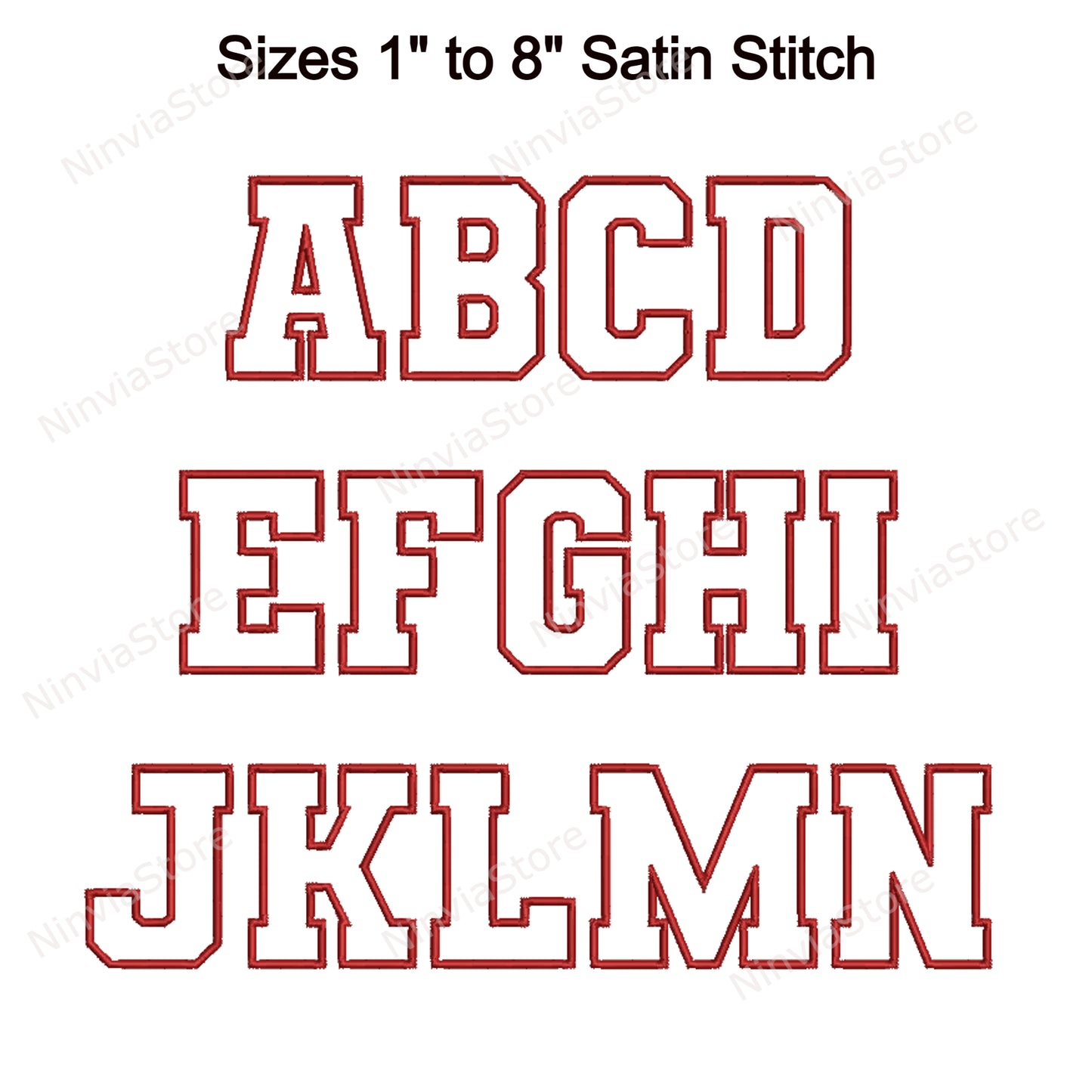 Varsity Outline Maschinenstickschrift, 15 Größen, 8 Formate, BX-Schriftart, PE-Schriftart, Monogramm-Alphabet-Stickmotive