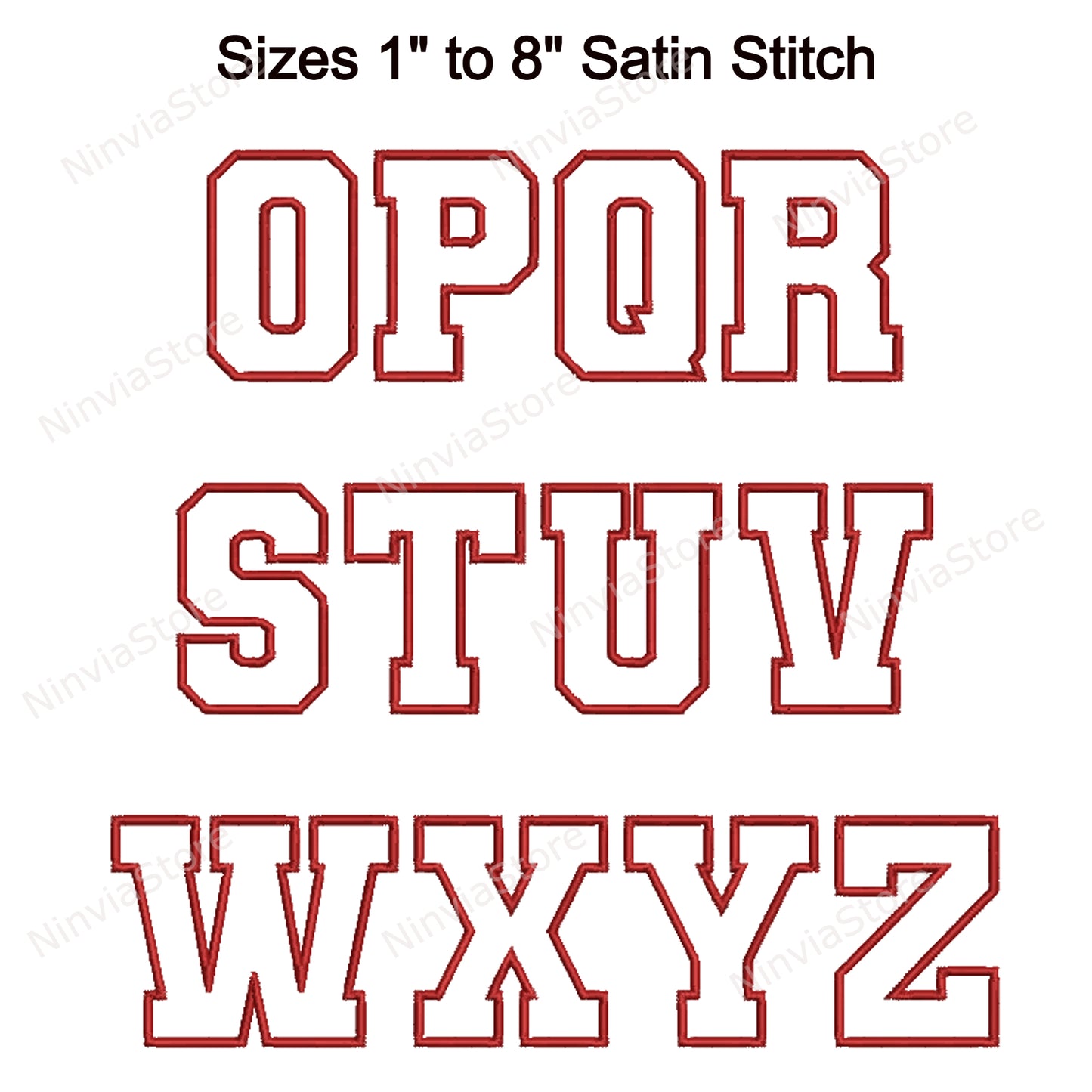 Varsity Outline Maschinenstickschrift, 15 Größen, 8 Formate, BX-Schriftart, PE-Schriftart, Monogramm-Alphabet-Stickmotive