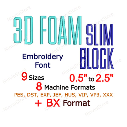 3D Foam Slim Block Embroidery Font, 3D Puff Foam Block BX Font, Monogram Alphabet Machine Embroidery Design