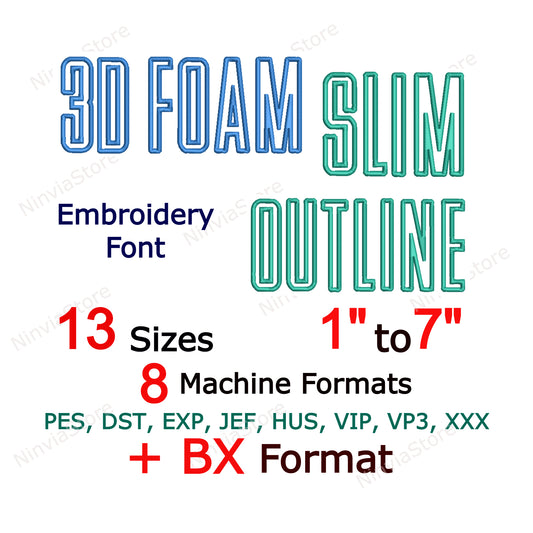 3D Foam Slim Block Outline Embroidery Font, 3D Puff Foam Block BX Font, Monogram Alphabet Machine Embroidery Design