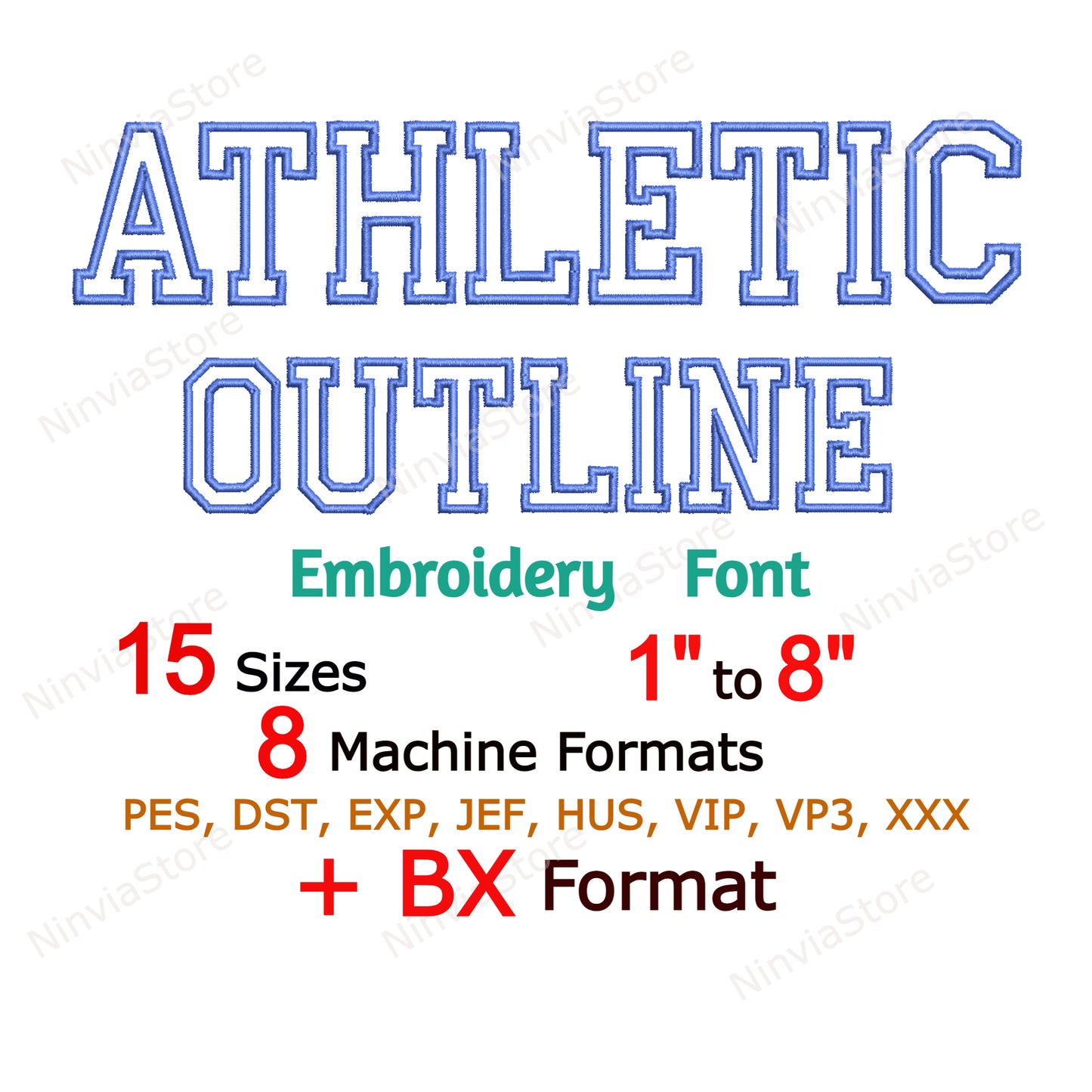 Police de broderie machine Athletic Outline, 15 tailles, 8 formats, police BX, police PE, motifs de broderie Monogram Alphabet