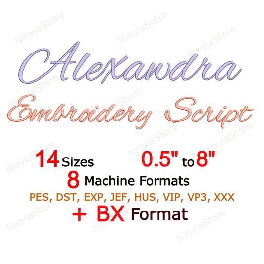 Police de broderie Machine Alexandra Script, 14 tailles, 8 formats, police BX, police PE, motifs de broderie Monogram Alphabet