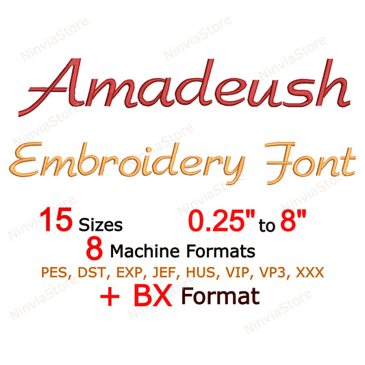 Amadeush Script Maschinenstickschrift, 15 Größen, 8 Formate, BX-Schriftart, Cursive PE-Schriftart, Monogramm-Alphabet-Stickmotive