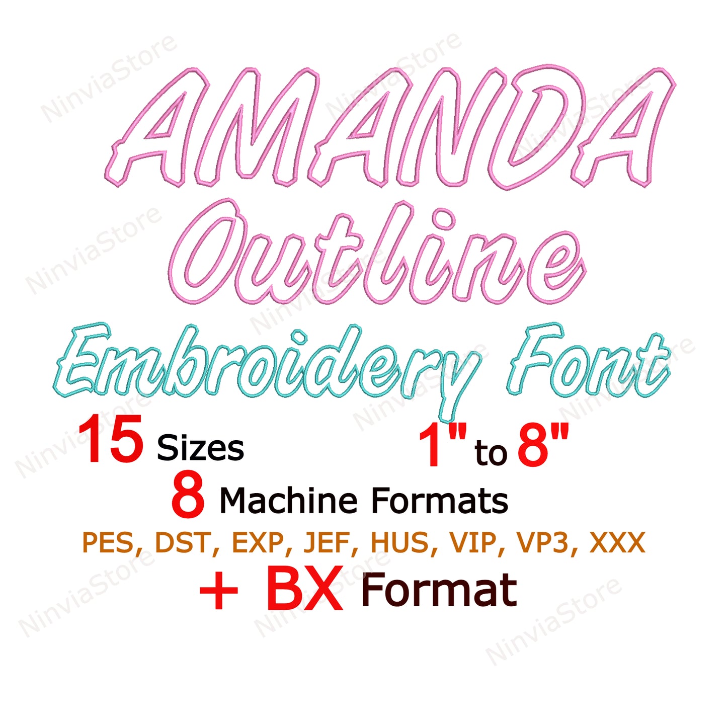 Amanda Outline Maschinenstickschrift, 15 Größen, 8 Formate, BX-Schriftart, PE-Schriftart, Monogramm-Alphabet-Stickmotive