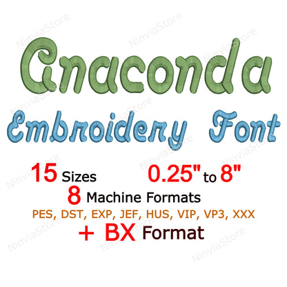 Anaconda Script Machine Embroidery Font, 15 sizes, 8 formats, BX font