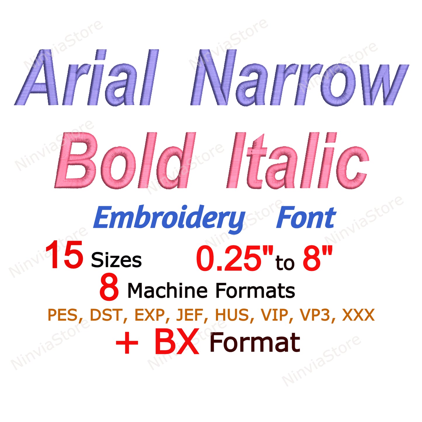 Arial Narrow Bold Italic Maschinenstickschrift, 15 Größen, 8 Formate, BX-Schriftart, PE-Schriftart, Monogramm-Alphabet-Stickmotive