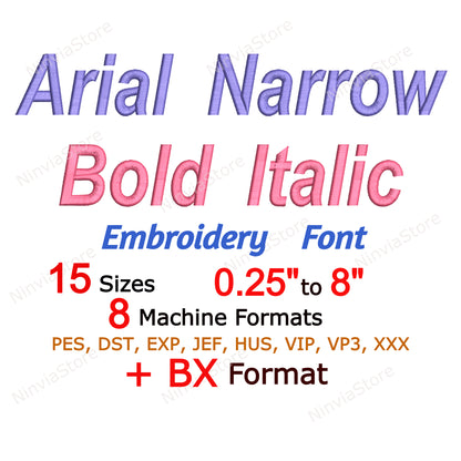 Arial Narrow Bold Italic Machine Embroidery Font, 15 sizes, 8 formats, BX Font, PE font, Monogram Alphabet Embroidery Design