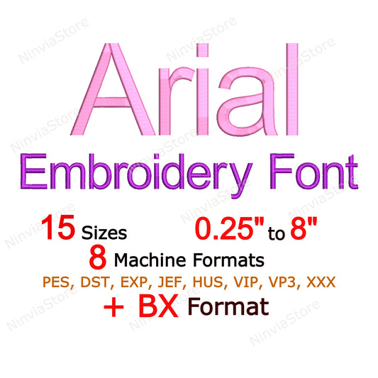 Police de broderie Machine Arial, 15 tailles, 8 formats, police BX, police PE, motifs de broderie Monogram Alphabet