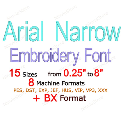 Arial Narrow Machine Embroidery Font, 15 sizes, 8 formats, BX Font, PE font, Monogram Alphabet Embroidery Design