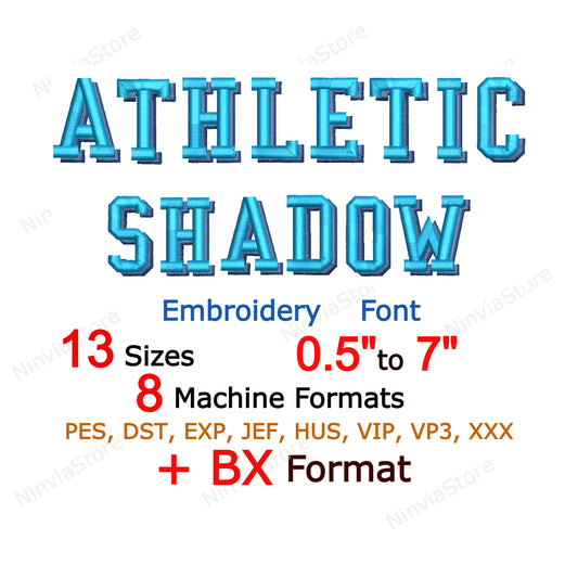 Athletic Shadow Maschinenstickschrift, 13 Größen, 8 Formate, BX-Schriftart, PE-Schriftart, Monogramm-Alphabet-Stickmotive