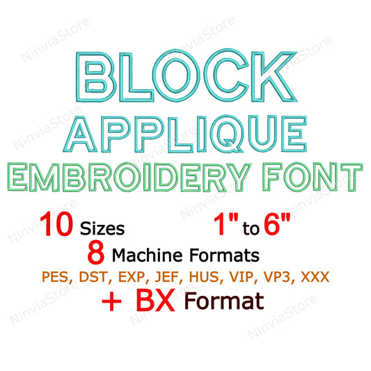 Block Applique Machine Embroidery Font, 10 tailles, 8 formats, police BX, police PE, Monogram Alphabet Broderie Designs