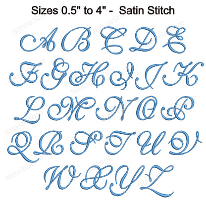 Belle police de broderie machine de script, 14 tailles, 8 formats, police BX, police PE, motifs de broderie Monogram Alphabet