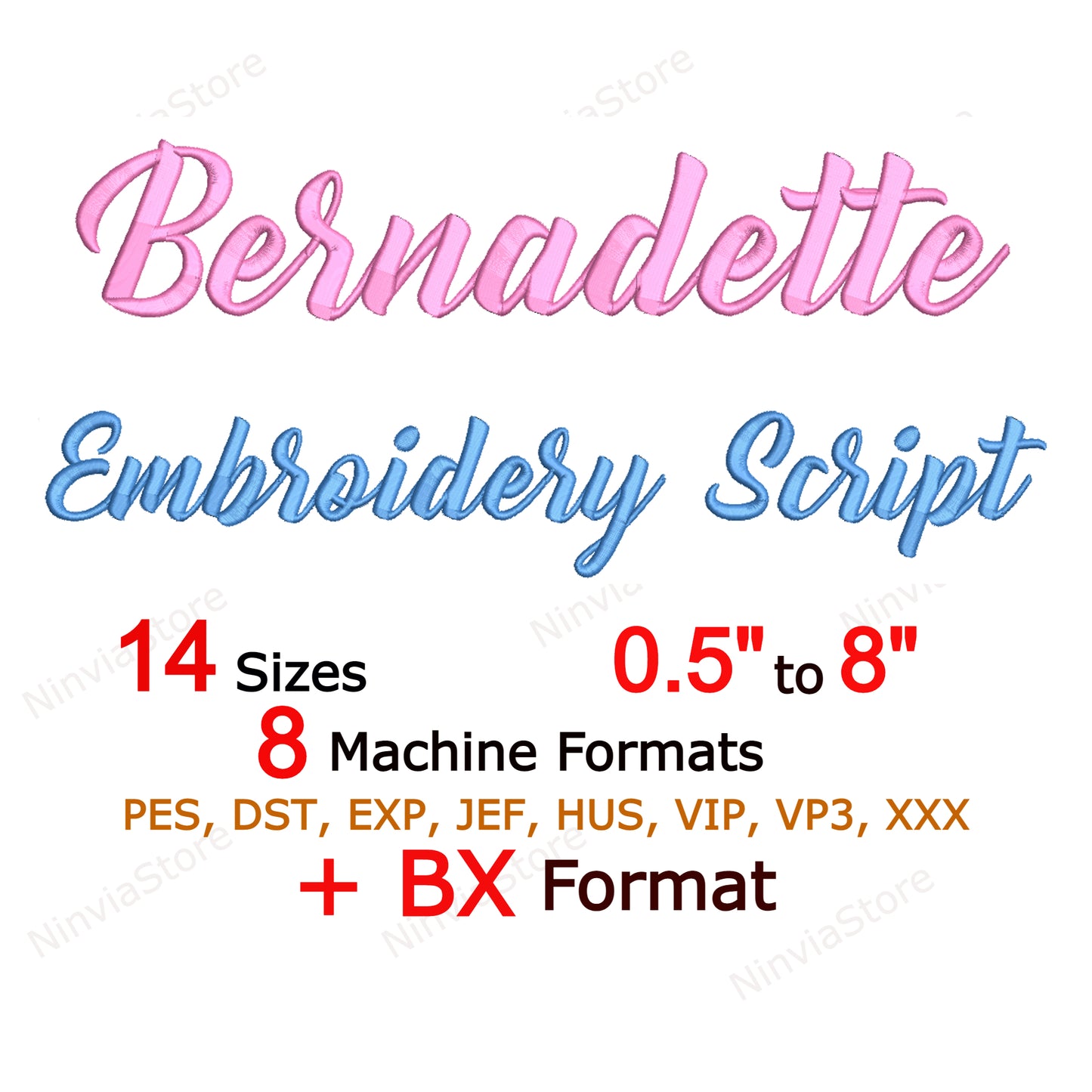 Police de broderie Machine Bernadette Script, 14 tailles, 8 formats, police BX, police PE, motifs de broderie Monogram Alphabet