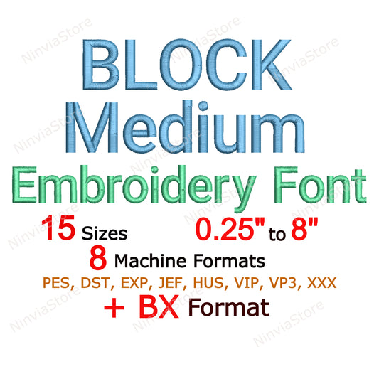 Block Medium Maschinenstickschrift, 15 Größen, 8 Formate, BX-Schriftart, PE-Schriftart, Monogramm-Alphabet-Stickmotive