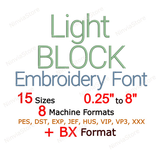 Police de broderie machine Light Block, 15 tailles, 8 formats, police BX, police PE, motifs de broderie Monogram Alphabet