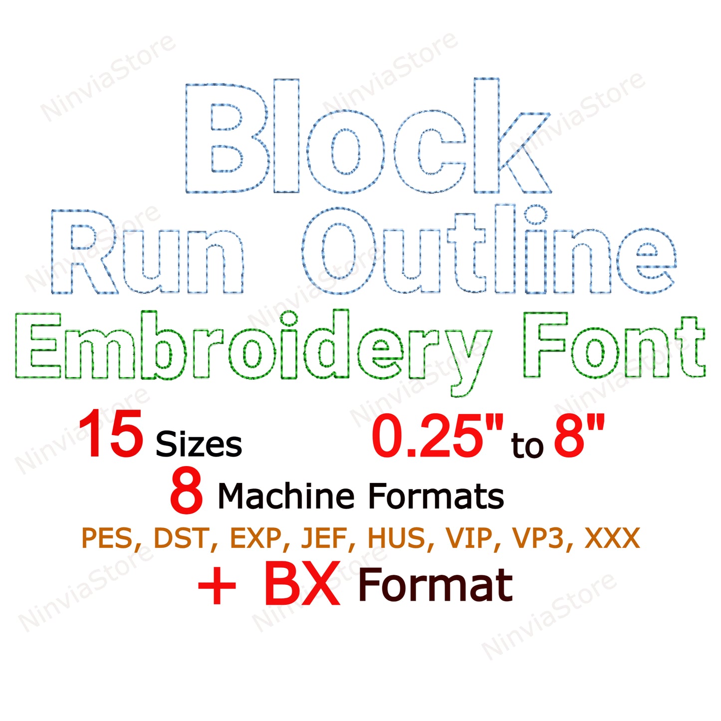 Block Outline Bean Stitch Machine Embroidery Font, 15 sizes, 8 formats, Run Stitch Block BX Font, PE font