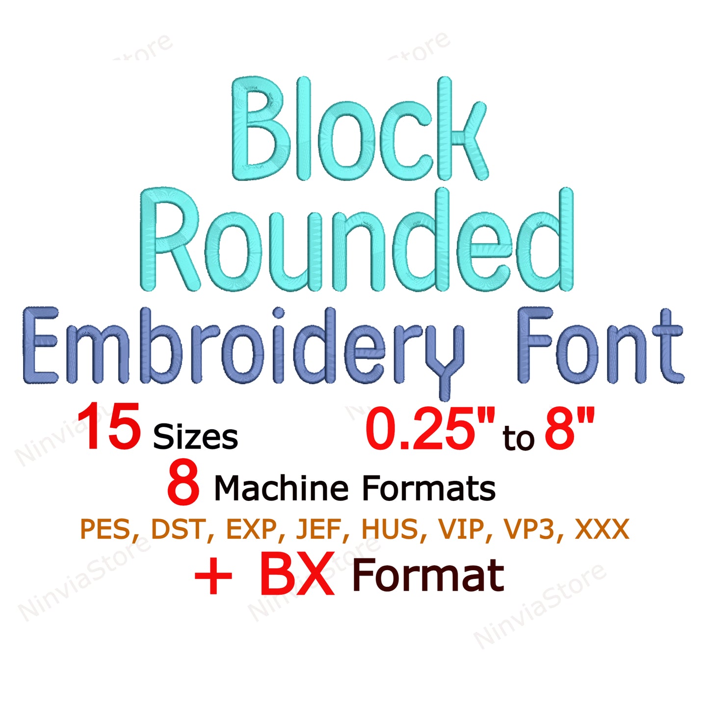 Blockabgerundete Maschinenstickschrift, 15 Größen, 8 Formate, BX-Schriftart, PE-Schriftart, Monogramm-Alphabet-Stickmotive
