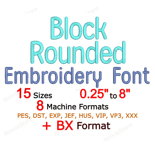 Police de broderie machine arrondie bloc, 15 tailles, 8 formats, police BX, police PE, motifs de broderie Monogram Alphabet