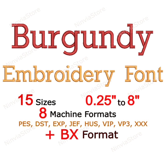 Burgundy Machine Embroidery Font, 15 sizes, 8 formats, BX Font, PE font, Monogram Alphabet Embroidery Designs