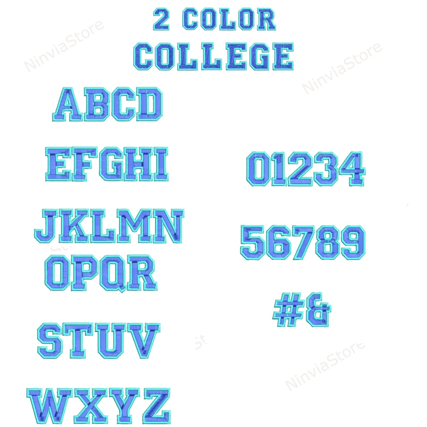 7 polices de broderie bicolores DST, police de broderie DST College Varsity Athletic Machine, motif de broderie alphabet, police DST pour la broderie, police monogramme 2 couleurs