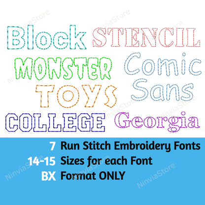 7 BX Bean Stitch Stickschriftarten Bundle, Outline Run Stitch Maschinenstickschrift BX, Monogramm Alphabet Stickmuster, College, Block BX Schriftart für Stickerei