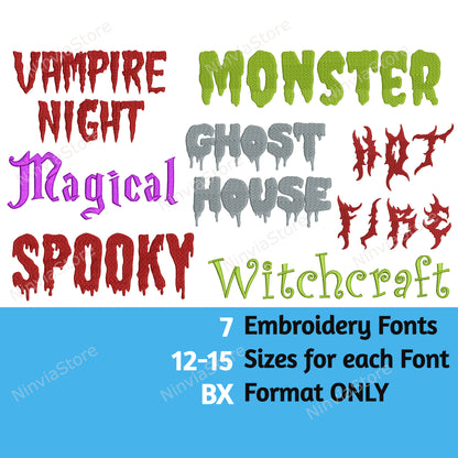 7 BX Halloween Stickschriftarten Bundle, Kinderschriftart BX, Maschinenstickschriftart BX, Gruseliges Alphabet-Stickdesign, Monster BX-Schriftart zum Sticken