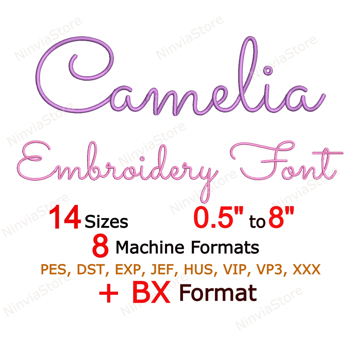 Police de broderie Machine Camelia Script, 14 tailles, 8 formats, police BX, police PE, motifs de broderie Monogram Alphabet