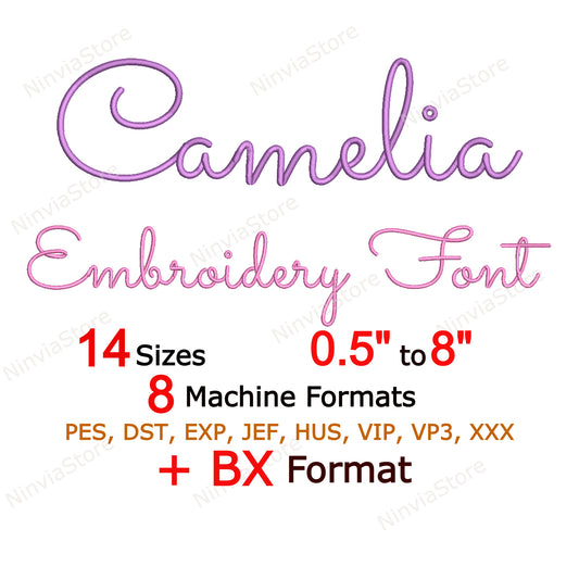 Camelia Script Machine Embroidery Font, 14 sizes, 8 formats, BX Font, PE font, Monogram Alphabet Embroidery Designs