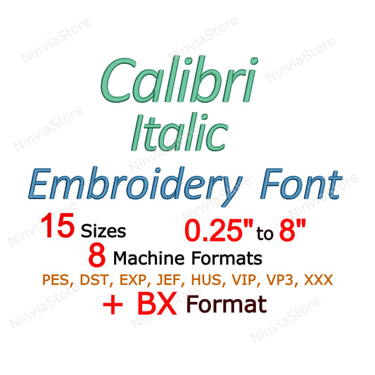 Calibri Maschinenstickschrift, 15 Größen, 8 Formate, BX-Schriftart, PE-Schriftart, Monogramm-Alphabet-Stickmotive